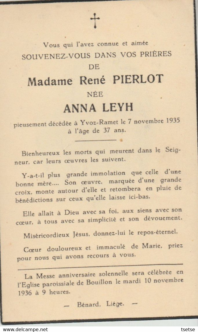 Souvenir Mortuaire : Madame René Pierlot , Née Anna Leyh , Décédée à Yvot-Ramet En 1935 - Flémalle