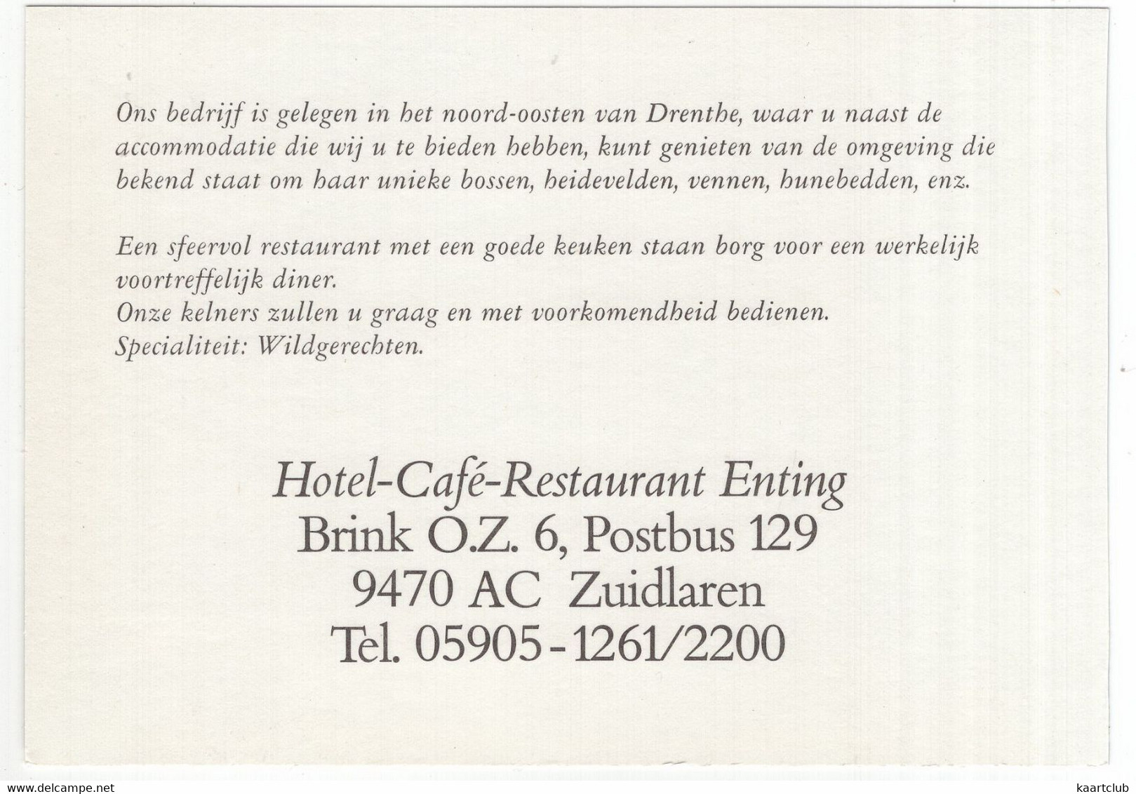 Zuidlaren - Hotel-Café Rest. 'Enting', Café 'de Paris', Café 'Brinkzicht', ANWB Wegwijzer - (Drenthe) - Reclamekaart - Zuidlaren