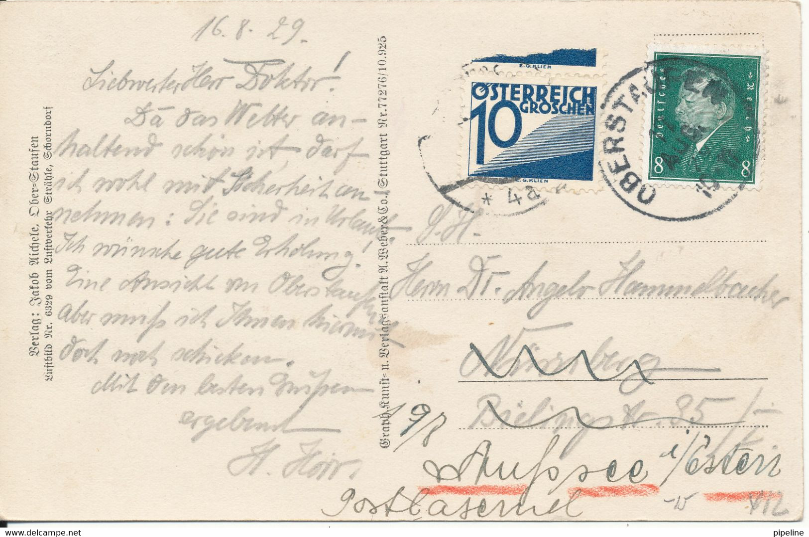 Germany Underpaid Postcard And Franked With Austria Stamp 16-8-1929 (Oberstaufen) - Oberstaufen