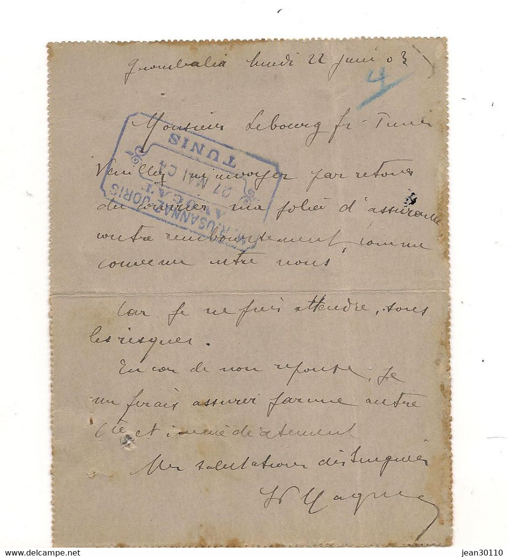 REGENCE DE TUNIS 28-6-1903 CARTE LETTRE DE GROMBALIA POUR TUNIS - Briefe U. Dokumente