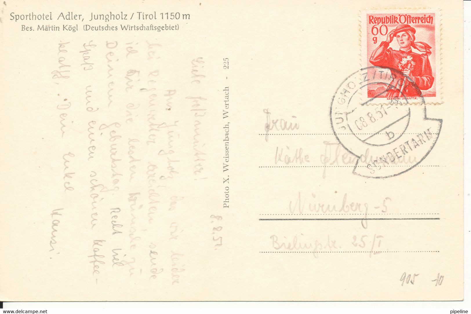 Austria Postcard Sent To Germany 8-8-1951 (Jungholz) With Special Posrmark SONDERTARIF - Jungholz