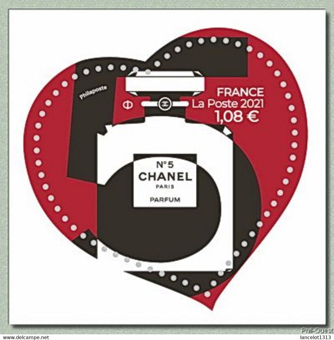 Saint Valentin. Cœur De Chanel. Autoadhésif. Flacon De Parfum Et Chiffre 5 Sur Fond Rouge. - Andere & Zonder Classificatie