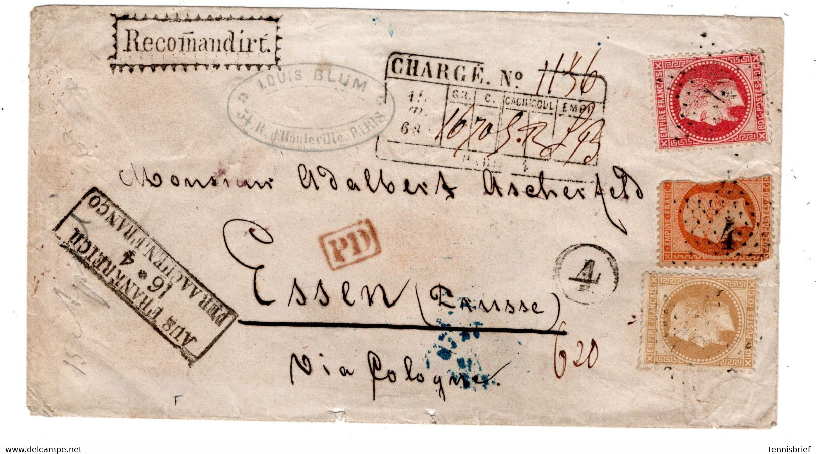 1868 ,  Lettre 3 Couleurs " PARIS  "  Pour La Prusse , Etoile " 4" Rare " CHARGE "et " Recomandiert "  -  #1578 - 1849-1876: Periodo Clásico