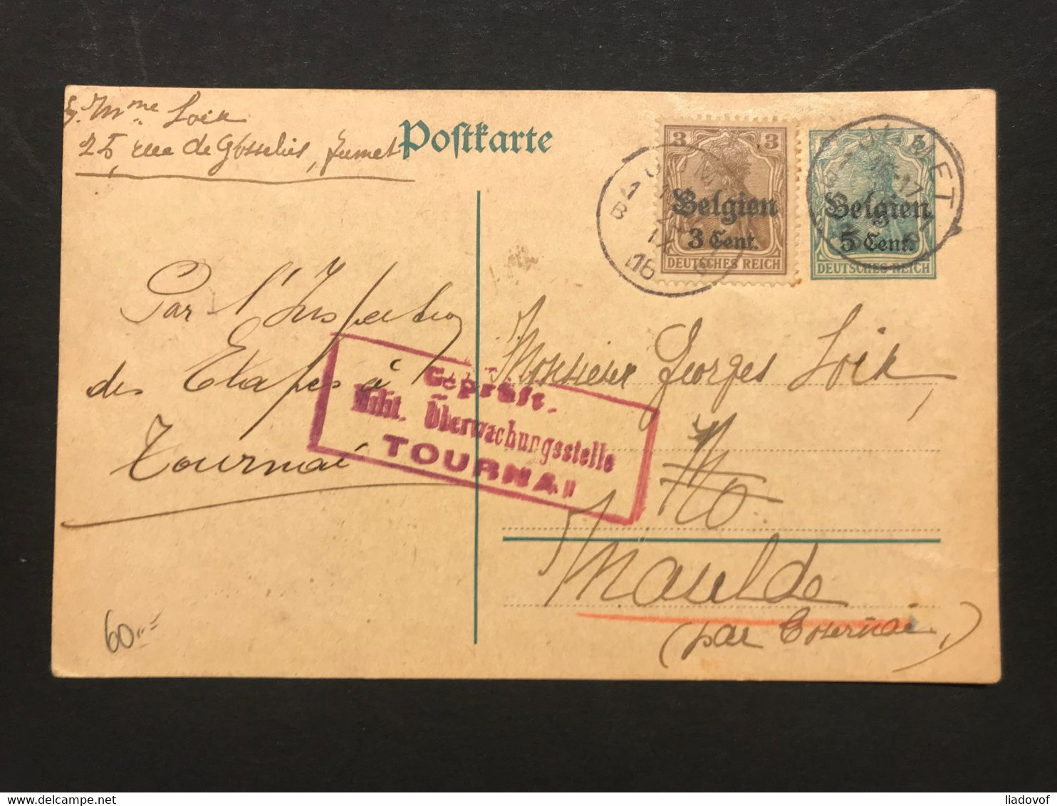 OC1 Op Postkaart "Belgien 5 Cent" - JUMET - Gepruft Militarische PostUberwachungsstelle TOURNAI - OC1/25 Gouvernement Général