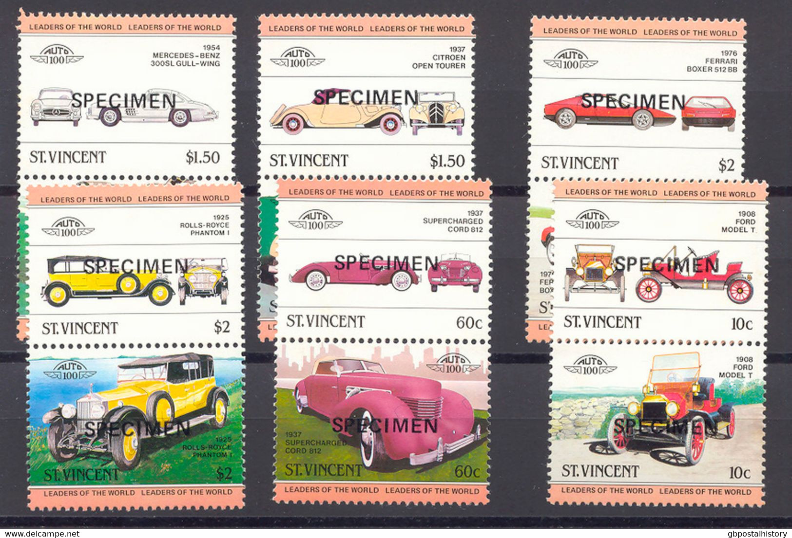 ST. VINCENT 1983, Cars, Superb U/M Mint Never Hinged Se-tenant Set Overprint With "SPECIMEN", Only A Few Hundred Issued, - St.Vincent (1979-...)