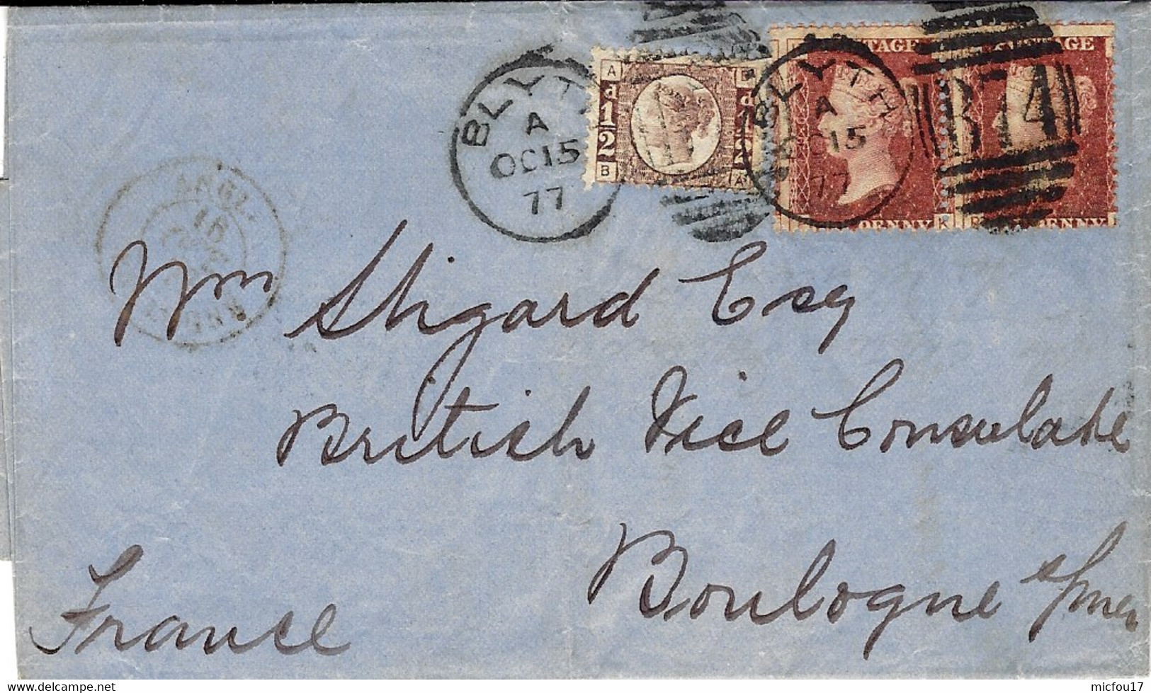 1877- Letter From BLYTH / B 74 Fr. Pair 1 Penny  Pl. 96 + 1/2 Penny  To Boulogne S/ Mer - Lettres & Documents