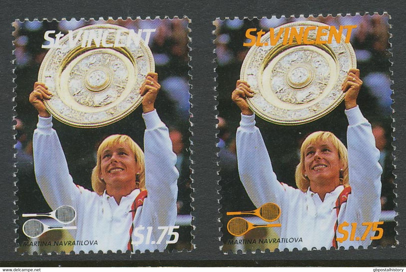 ST. VINCENT 1987, $ 1.75. Tennis Player Martina Navratilova, Superb U/M, MAJOR VARIETY: Missing Color Orange - St.Vincent (1979-...)