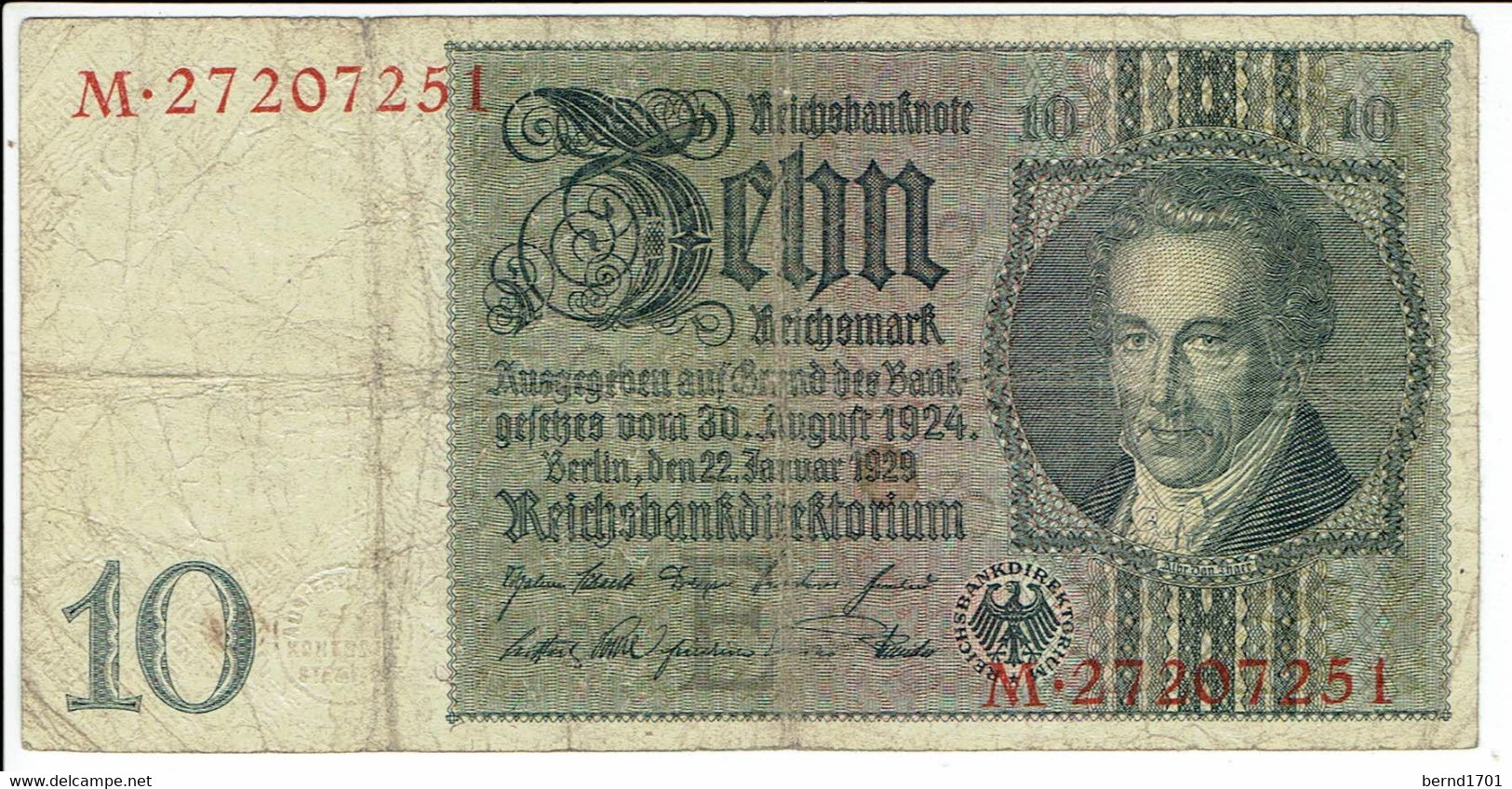 Deutsches Reich - 10 Mark # 22.01.1929 - Gebraucht / Used (h557) - 10 Mark