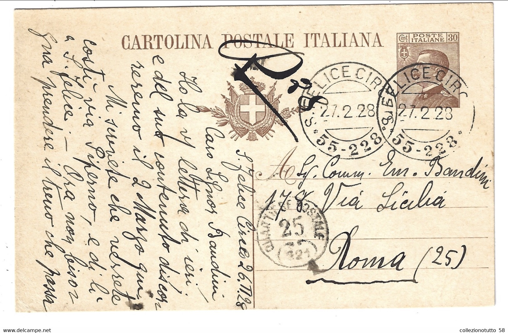 INTERO POSTALE CARTOLINA POSTALE Da San Felice Circeo Frazionario (55-228) LATINA Per Roma 1928 Michetti 30 Cent. - Storia Postale