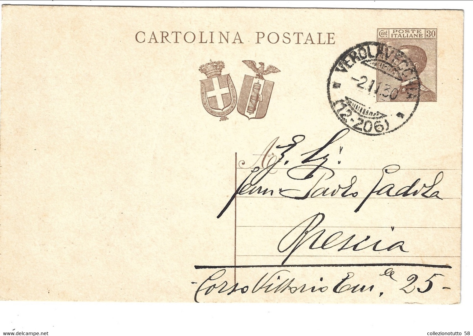 INTERO POSTALE CARTOLINA POSTALE Da Verolavecchia Frazionario (12-206) Per Brescia 1930 Michetti 30 Cent. - Marcophilia