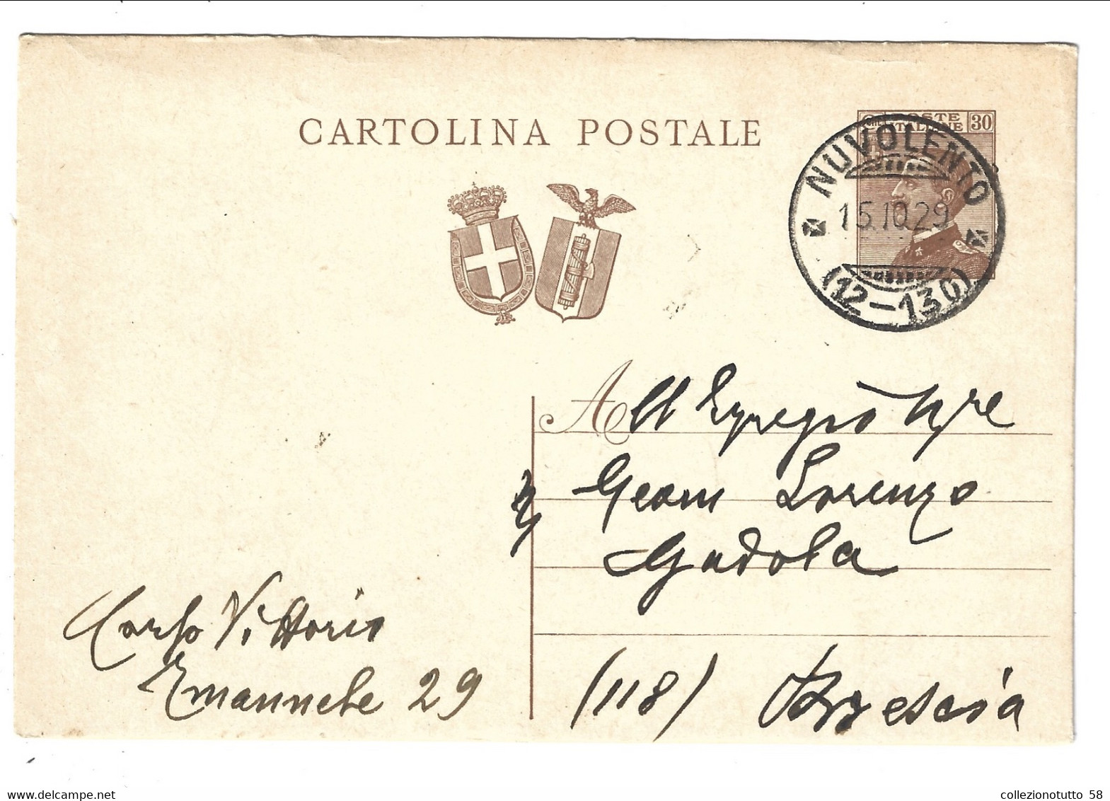 INTERO POSTALE CARTOLINA POSTALE Da Nuvolento Frazionario (12-130) Per Brescia 1929 Michetti 30 Cent. - Marcofilie