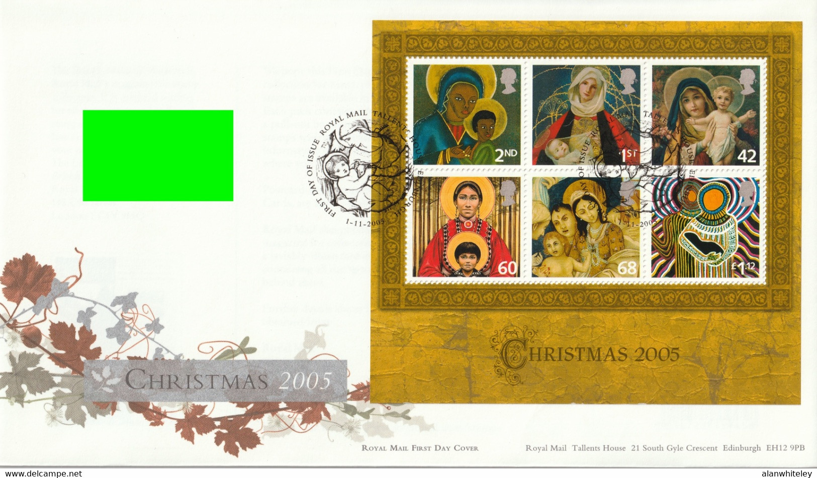 GREAT BRITAIN 2005 Christmas/Madonna & Child Paintings: Miniature Sheet First Day Cover CANCELLED - 2001-2010 Em. Décimales