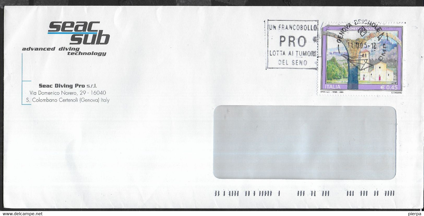 ANNULLO A TARGHETTA "UN FRANCOBOLLO PRO VITA..." UFF.GENOVA BRIGNOLE*11.11.05* SU BUSTA COMMERCIALE INTESTATA - 2001-10: Storia Postale