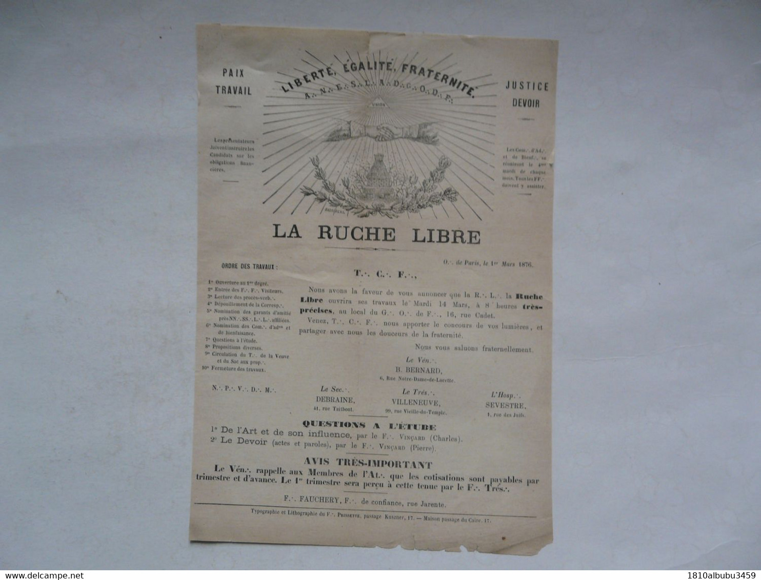 VIEUX PAPIERS - FRANC MACONNERIE : LA RUCHE LIBRE 1876 - Historische Documenten