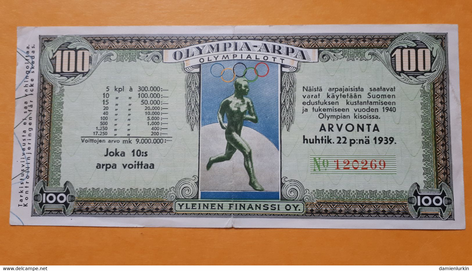 FINLANDE 1939 BILLET DE LOTERIE AU PROFIT DE L'ENTRAINEMENT DE L'EQUIPE OLYMPIQUE FINLANDAISE - Finlande