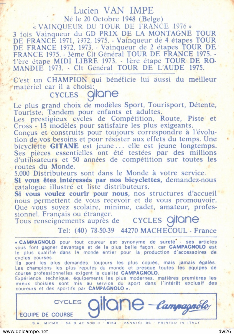 Fiche Cyclisme Avec Palmares - Lucien Van Impe, Maillot Jaune, Vainqueur Du Tour De France 1976 - Equipe Gitane - Sports