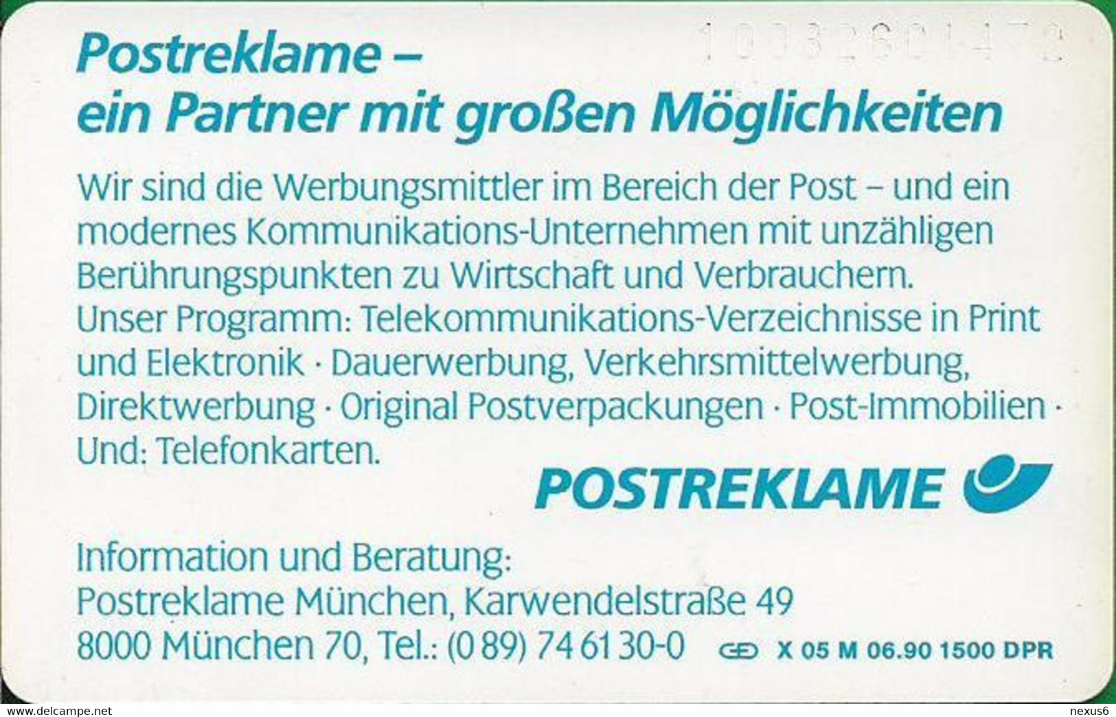 Germany - X 05M - Skyline 13 - Postreklame München, 06.1990, 20U, 1.500ex, Used - X-Series : Publicitaires - D. Postreklame