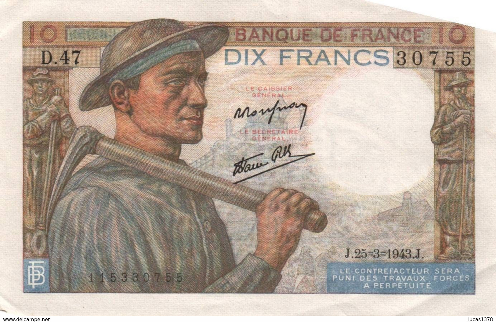 10 FRANCS MINEUR 1943 / TTBE / 	F.08/08 - P99e - 25-3-1943, Alphabet 39-54 - 10 F 1941-1949 ''Mineur''