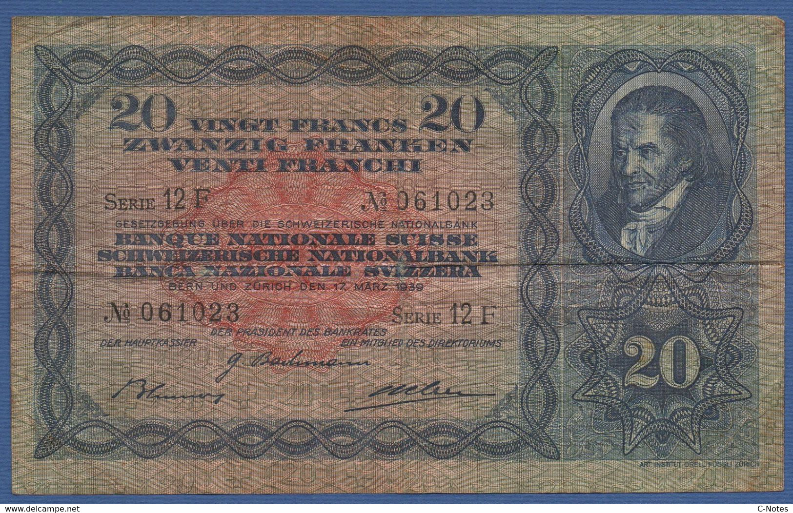 SWITZERLAND - P.39i(3) - 20 Francs 17.03.1939 F/VF Serie 12F 061023 - Suisse