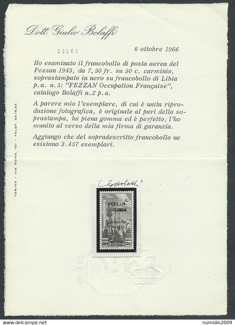 1943 OCC. FRANCESE FEZZAN POSTA AEREA 7,50 F SU 50 CENT CERTIFICATO MNH ** - E - Fezzan & Ghadames
