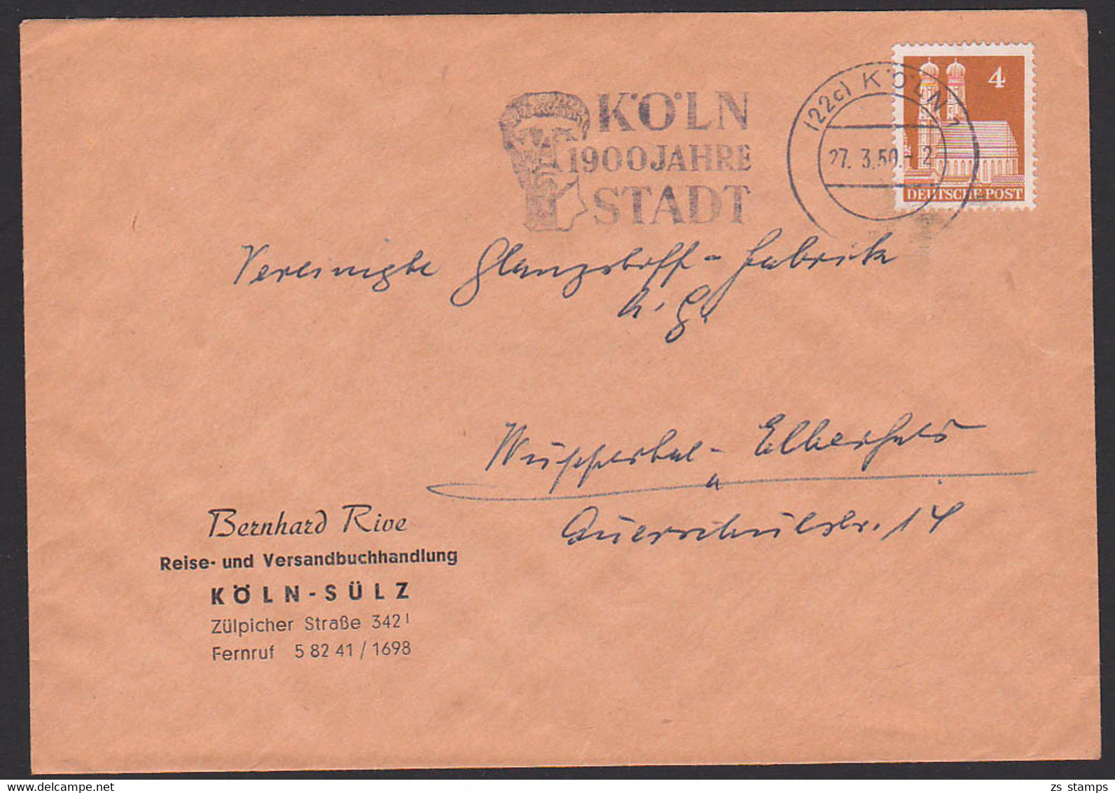 Köln. 27.3.50 "KÖLN 1900 Jahre STADT", Abs. Reise- Und Versandbuchhandlung - Máquinas Franqueo (EMA)