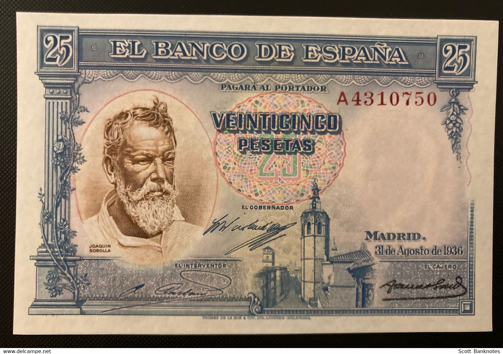 Pick 87b Uncirculated, Banco De Espana, 25 Pesetas, 31 August 1936, Serial Number A4310750 - 25 Pesetas