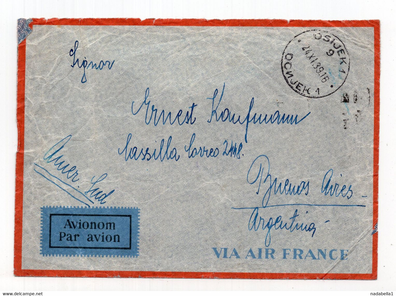 1939. KINGDOM OF YUGOSLAVIA, CROATIA, TO BUENOS AIRES, ARGENTINA, AIRMAIL COVER - Airmail