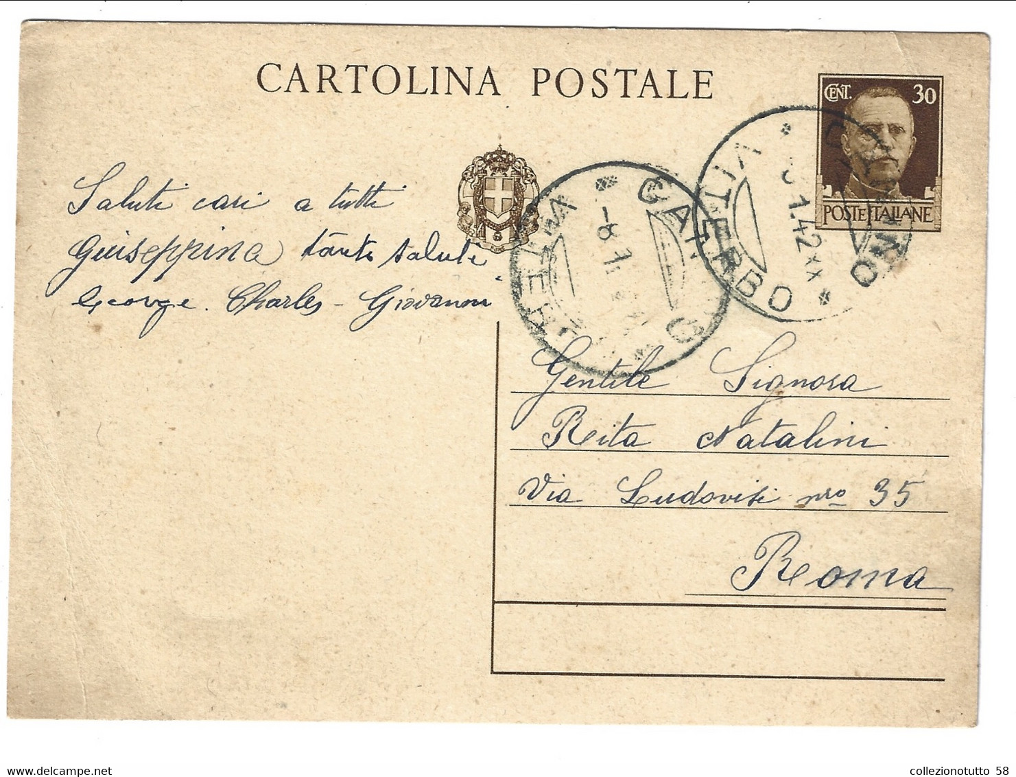 INTERO POSTALE Cartolina Postale Imperiale 30 Cent. Da Canino VITERNO In Blu Per Roma 1942 - Marcophilie