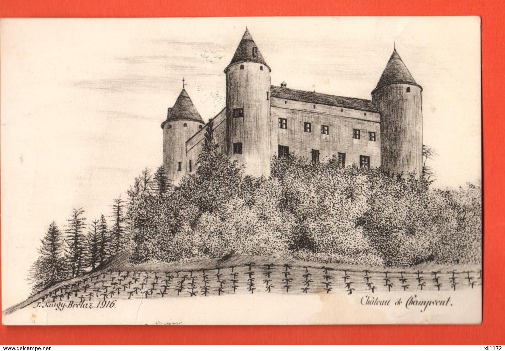 MKH-09 Château De Champvent Jura-Nord Vaudois. Litho Saugy-Brélaz 1916.  Circulé 1916 - Champvent 