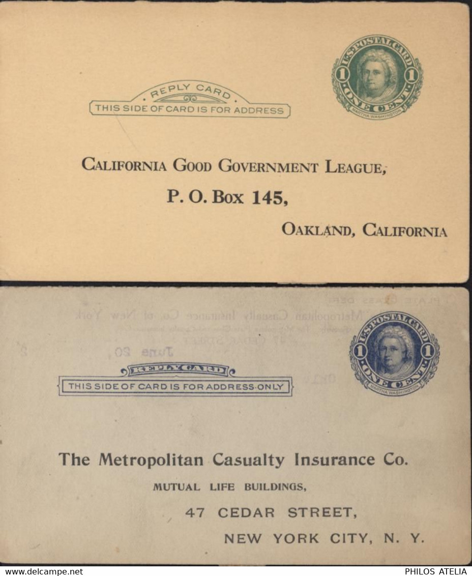 Entiers U.S. CP 1c Martha Washington Vert Bleu Reply Card Repiquage Metropolitan Casualty Insurance + California Good - Sonstige & Ohne Zuordnung
