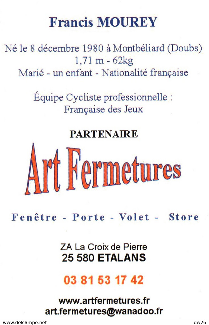 Fiche Cyclisme Dédicacée - Francis Mourey, Champion De France De Cyclo-cross 2008 - Equipe Française Des Jeux - Sports