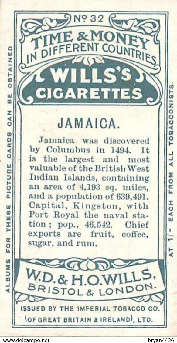 CARTE CIGARETTES  WILLS'S - " JAMAICA " - PORTRAIT ETHNIQUE - N° 32  - TRES BON ETAT - Wills