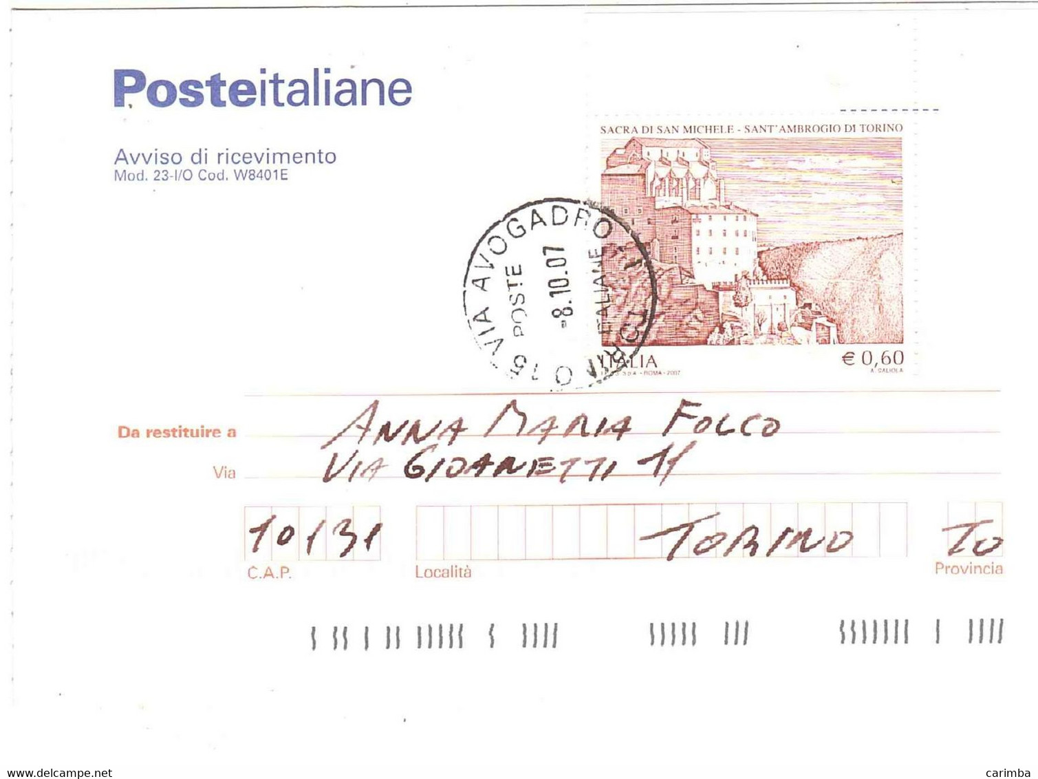 2007 €0,60 SAGRA DI SAN MICHELE - 2001-10: Storia Postale