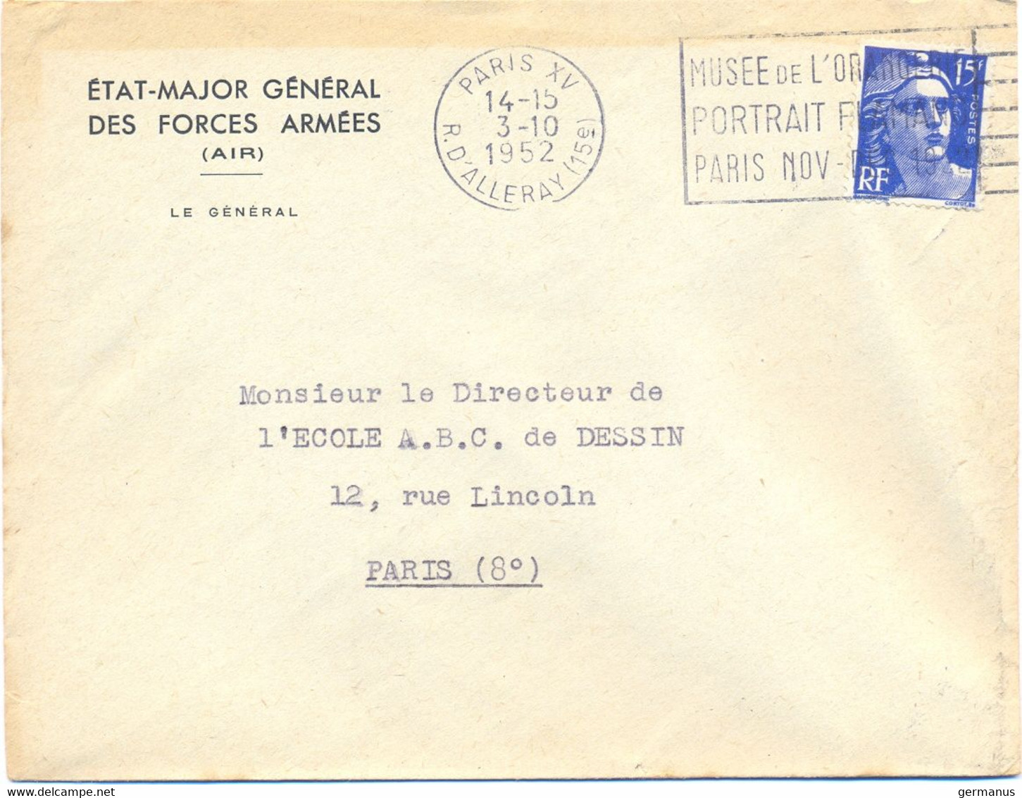 ETAT-MAJOR GÉNÉRAL DES FORCES ARMÉES (AIR) LE GÉNÉRAL – OMec FRANKERS-SECAP PARIS XV 3-10-1952 - Maschinenstempel (Werbestempel)