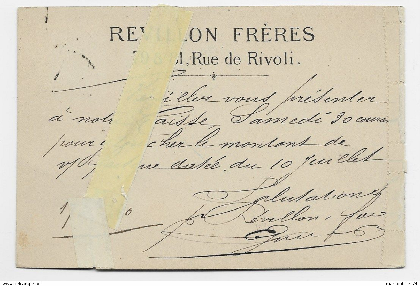 FRANCE CARTE PRECURSEUR PRIVEE REVILLON FRERES PARIS RUE DE RIVOLI 1880 RARE MAIS DEFECTUEUSE - Precursor Cards