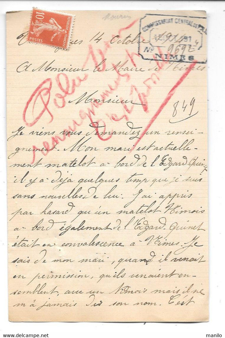 COMMISSARIAT CENTRAL De POLICE De NIMES - Recherche Matelot à Bord EDGARD QUINET  14/10/1914  WW1 -VALLABREGUE (Gard) - Police