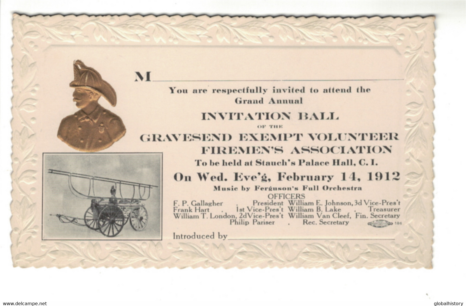 DG2466 - GRAVESEND GRAND ANNUAL INVITATION CARD FIRE MAN BALL - FEB. 14 1912 - Other & Unclassified