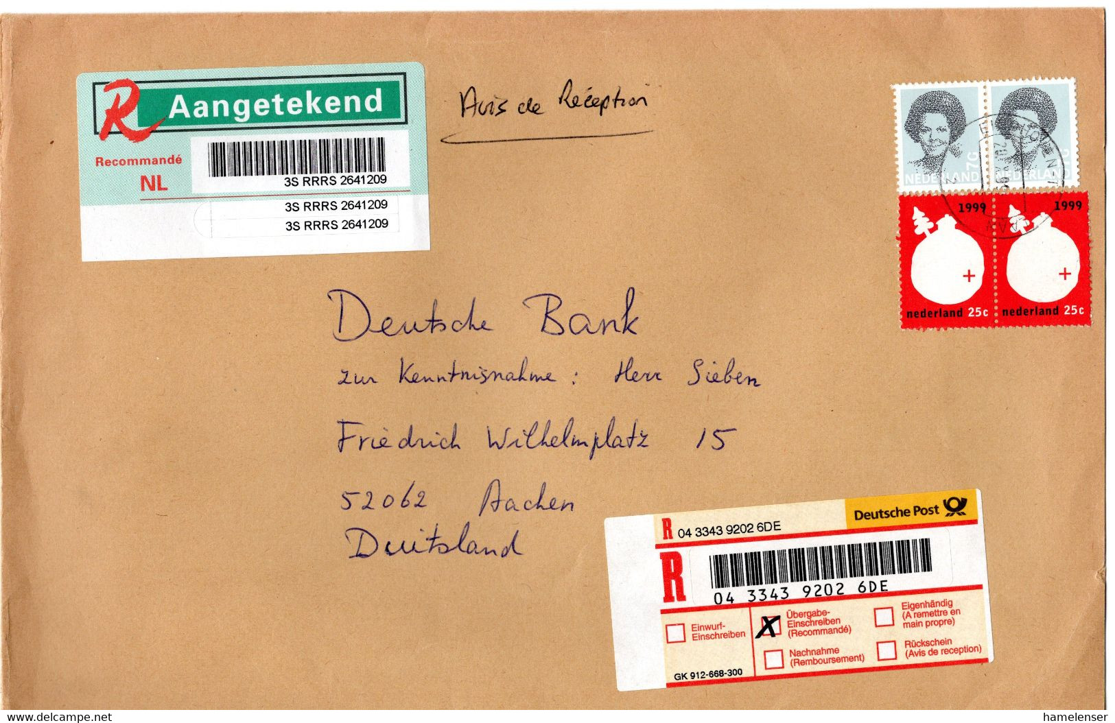 L32575 - Niederlande - 1999 - 2@f7.00 Beatrix MiF A. R-Bf. M. RSch. EINDHOVEN -> Deutschland - Storia Postale