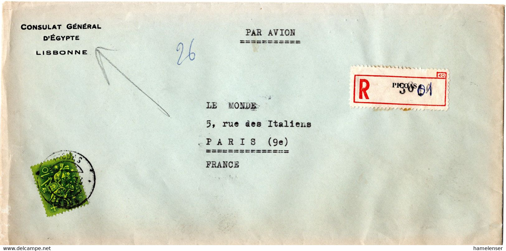 L32587 - Portugal - 1973 - 10Esc. EF A. R-LpBf. Vom Aegypt. Generalkonsulat PICOAS -> PARIS (Frankreich) - Covers & Documents