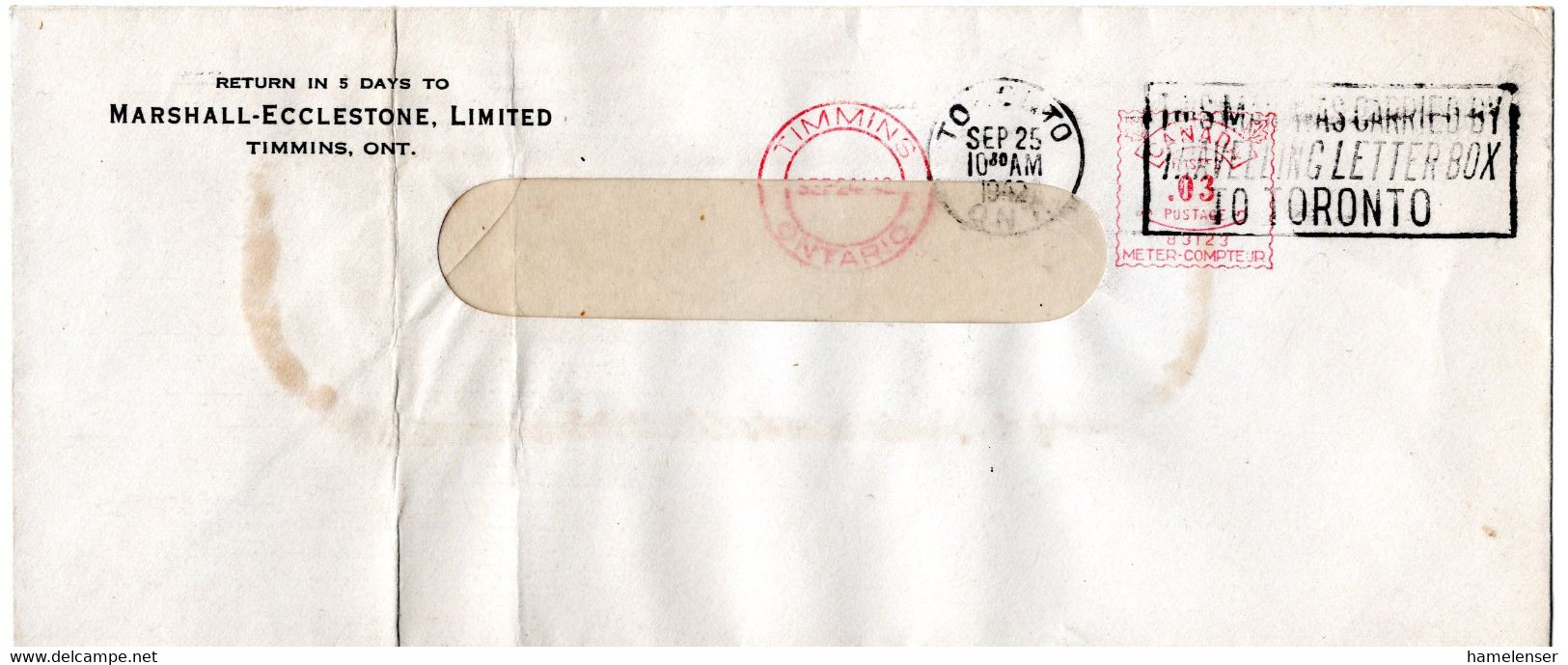 L32589 - Canada - 1942 - Fensterbf. M. Freistpl. TIMMINS, ONT -> TORONTO ONT - THIS LETTER WAS CARRIED BY TRAVELLING ... - Covers & Documents