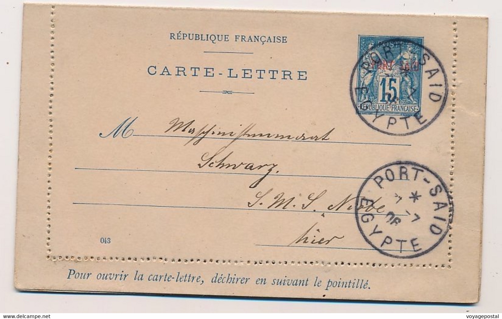 ENTIER POSTAL SAGE 15C SURCHARGE CARTE LETTRE PORT SAID EGYPTE COVER EGYPT - Lettres & Documents