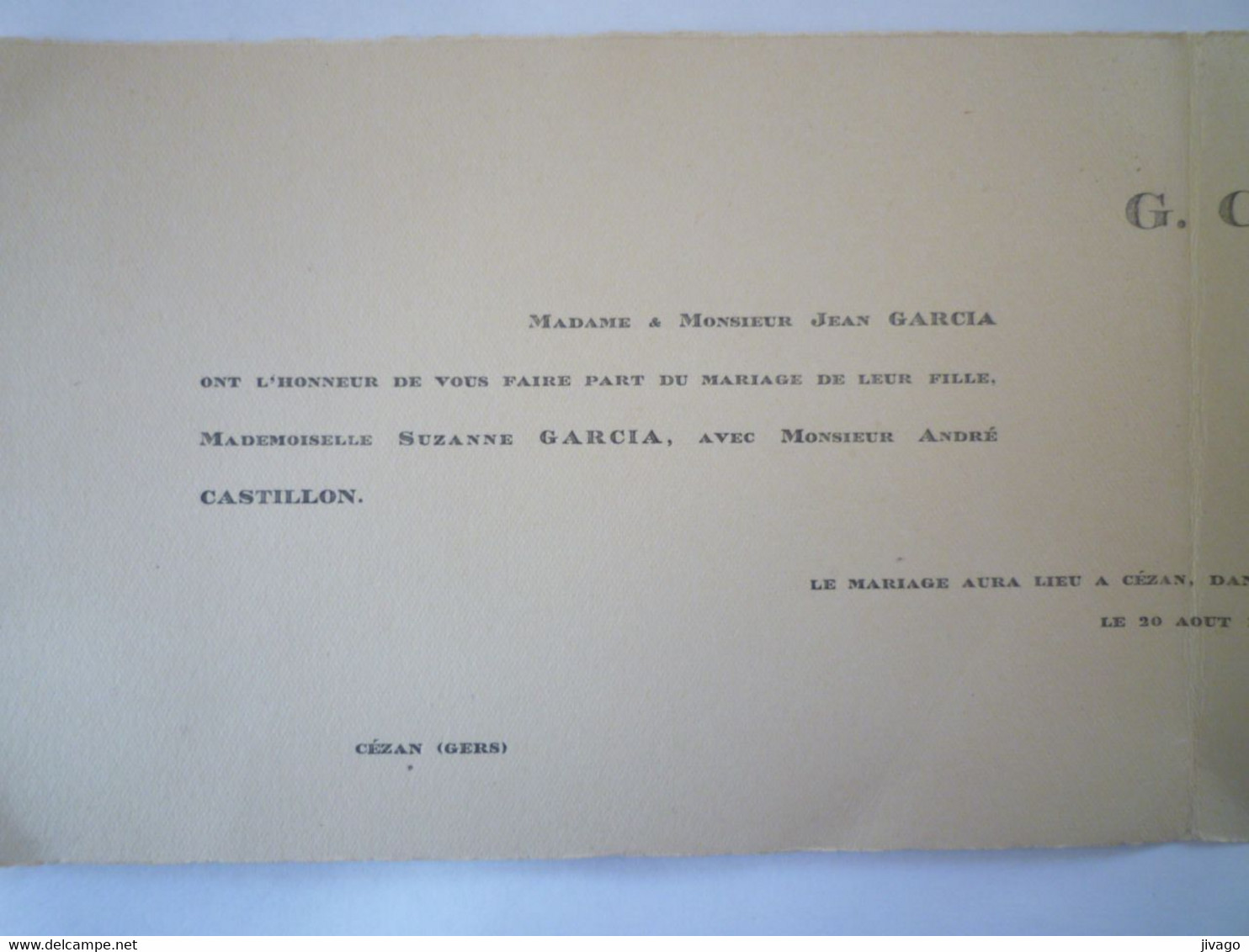 2021 - 4003  FAIRE-PART De MARIAGE De Suzanne GARCIA Et André CASTILLON  (Cézan GERS  1935)    XXX - Mariage