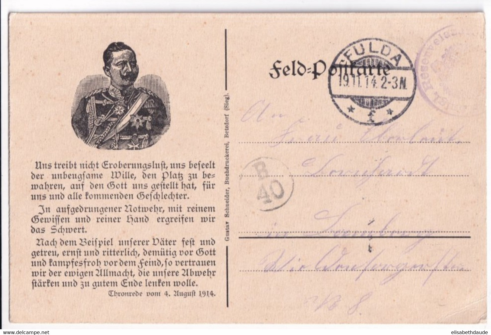 REICH - 1914 - CP FELDPOST ILLUSTREE PROPAGANDE De FULDA - Feldpost (postage Free)