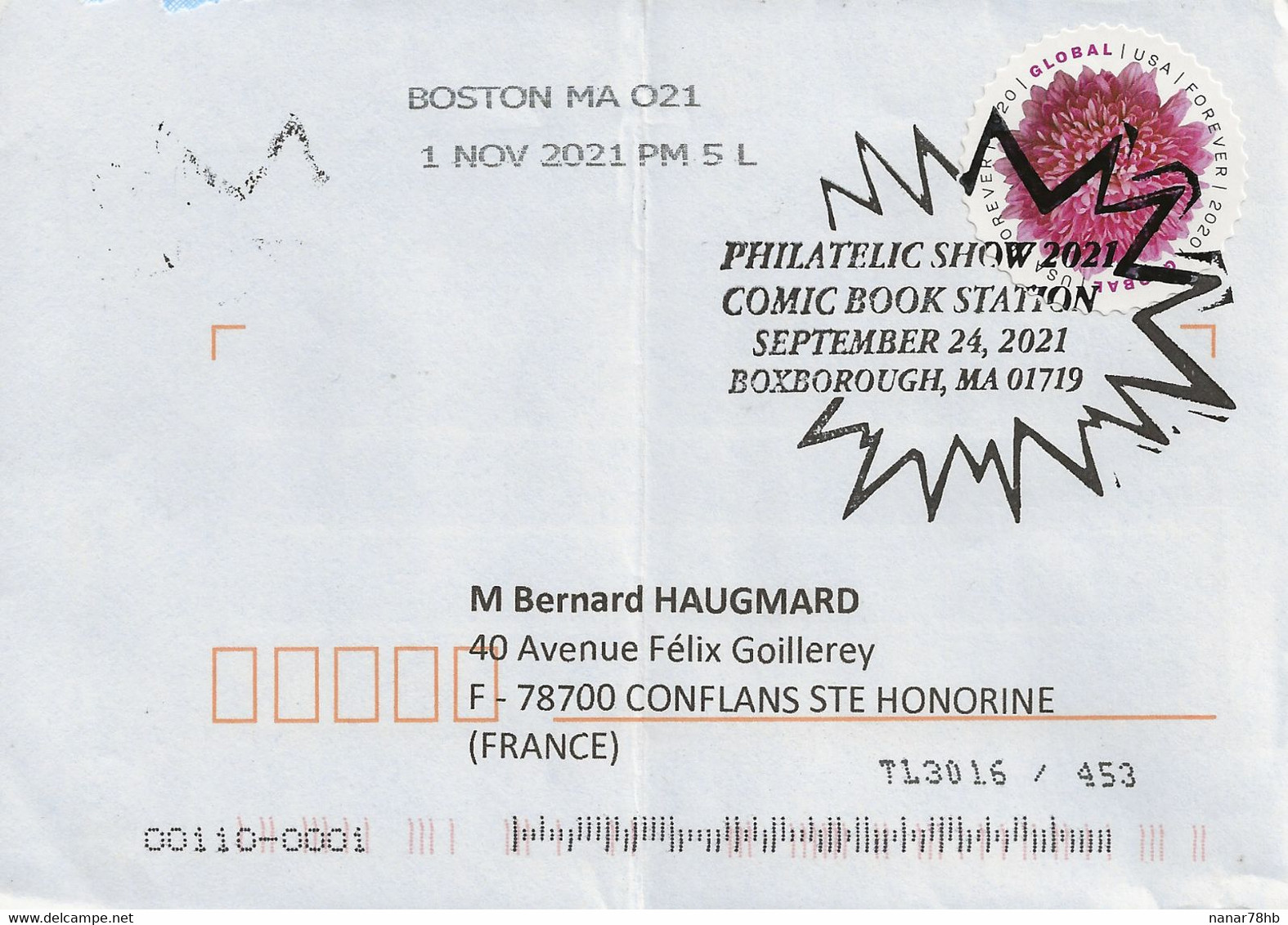 Timbre Seul Sur Lettre Global Forever De 2020 (fleur) Oblitération Temporaire De Boxborough Comic Book Station Du 24/09 - Storia Postale