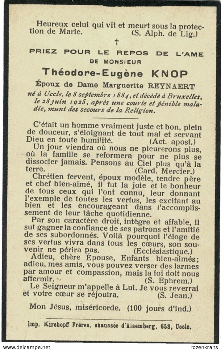 Theodore Knop Marguerite Reynaert Uccle Bruxelles 1925 Foto Photo Doodsprentje Bidprentje Image Mortuaire - Imágenes Religiosas