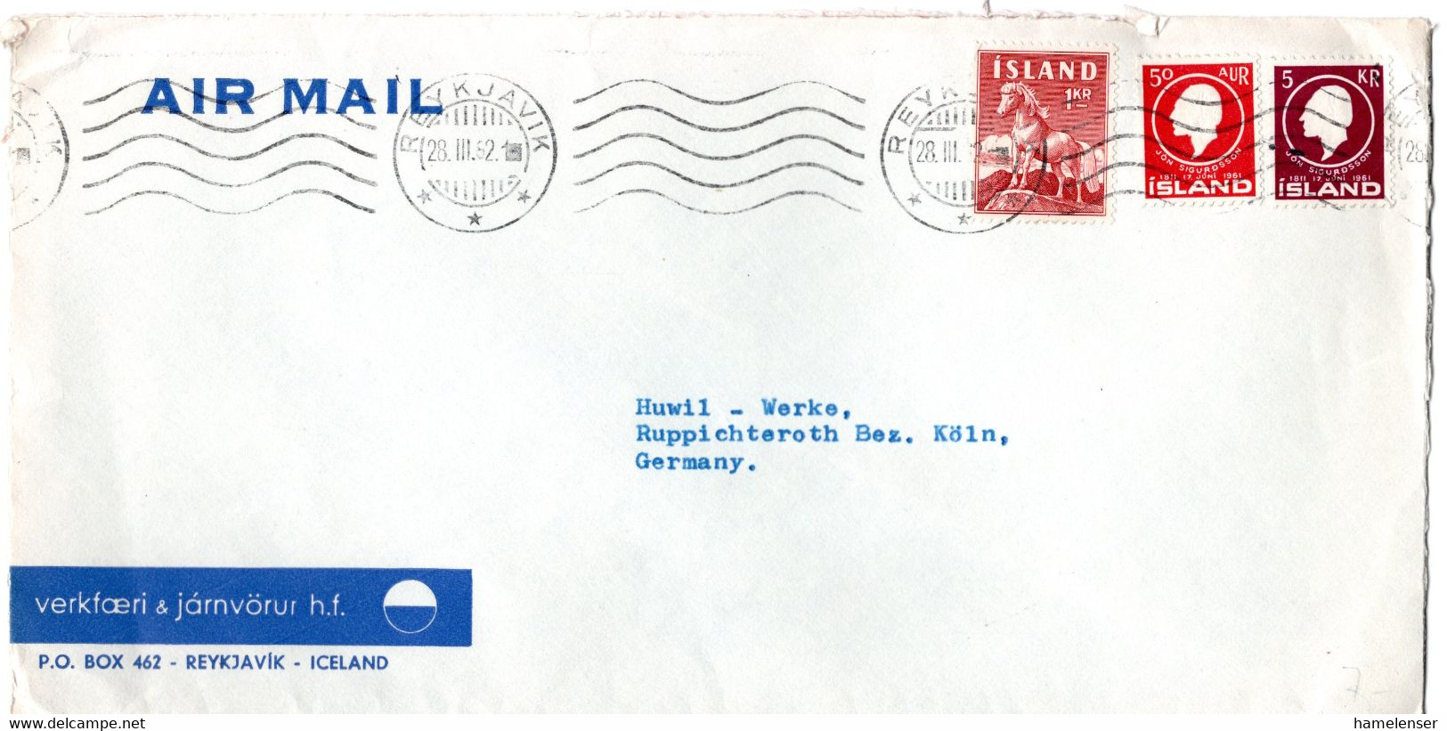 L32615 - Island - 1952 - 5Kr. Sigurdsson MiF A. LpBf. REYKJAVIK -> Westdeutschland - Storia Postale