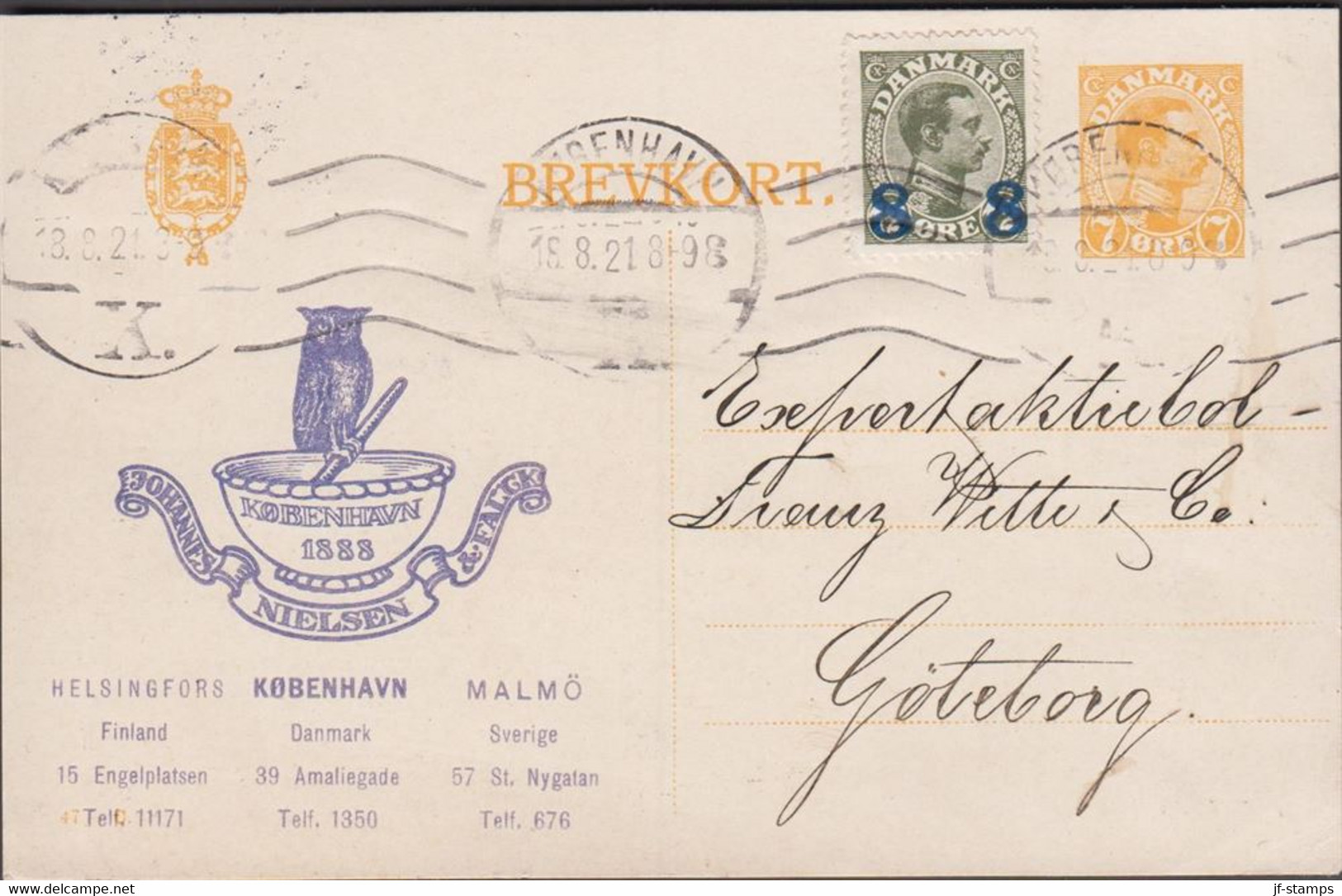 1921. DANMARK. 7 ØRE Chr. X. BREVKORT. 47-C. + Chr. X 8 On 12 øre To Göteborg, Sverige Cancelled KJØBENHAV... - JF510967 - Interi Postali