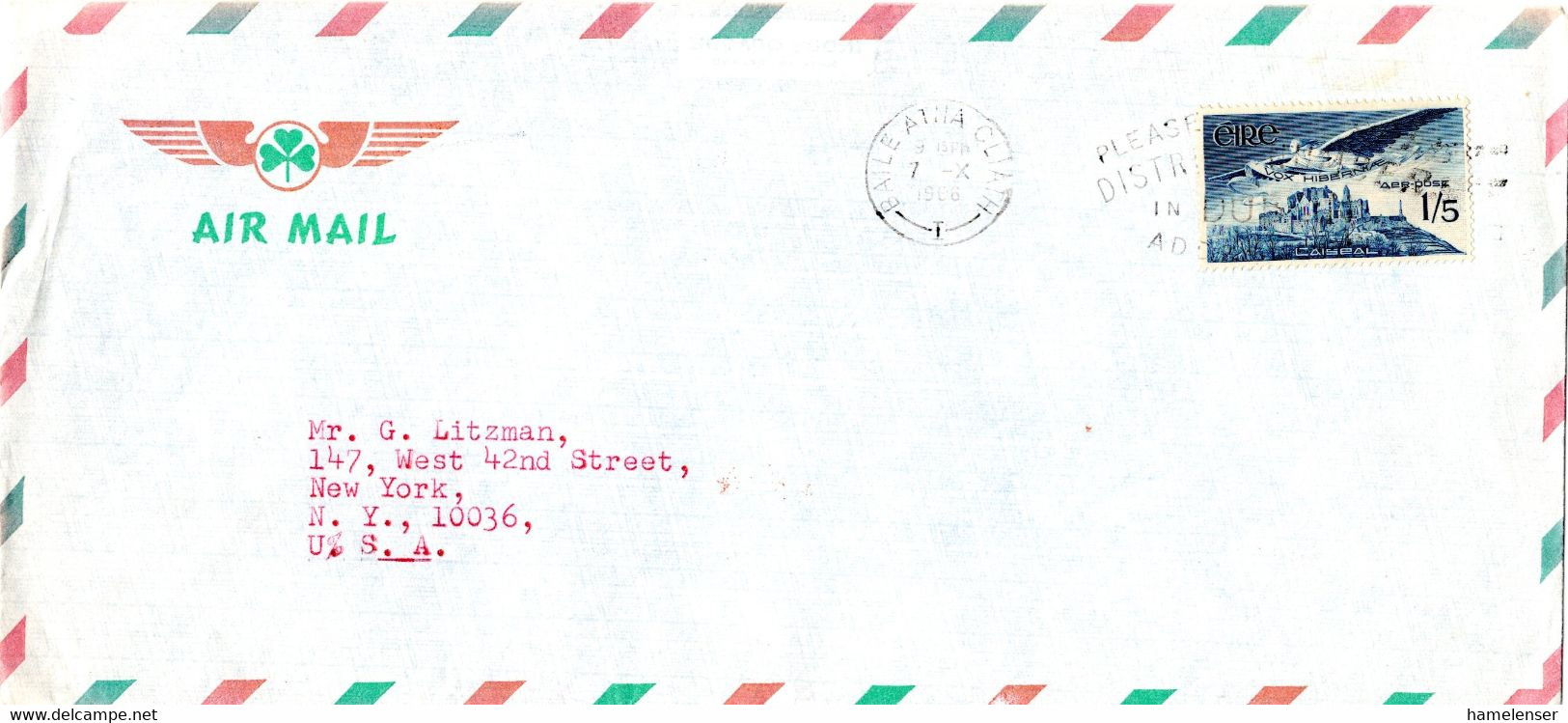 L32618 - Irland - 1966 - 1'5 Luftpost EF A. LpBf. BAILE ATHA CLIATH -> New York, NY (USA) - Brieven En Documenten