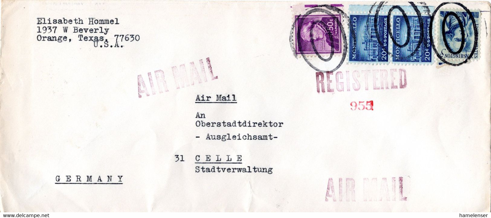 L32625 - USA - 1968 - 50c Anthony MiF A. R-LpBf. ORANGE, TEX -> Westdeutschland - Covers & Documents