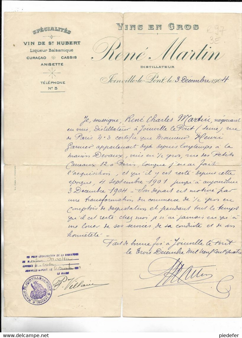 94 - Certificat De Travail établi Par René MARTIN Vins En Gros à JOINVILLE-le-PONT - 1904 - 1900 – 1949